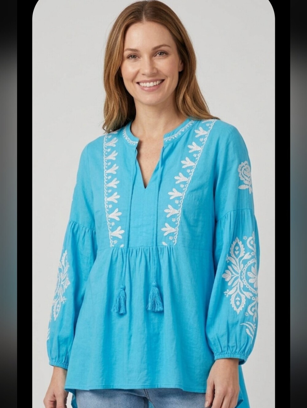 Soft Surroundings Turquoise Blouse Small Oversized Embroidered Beaded